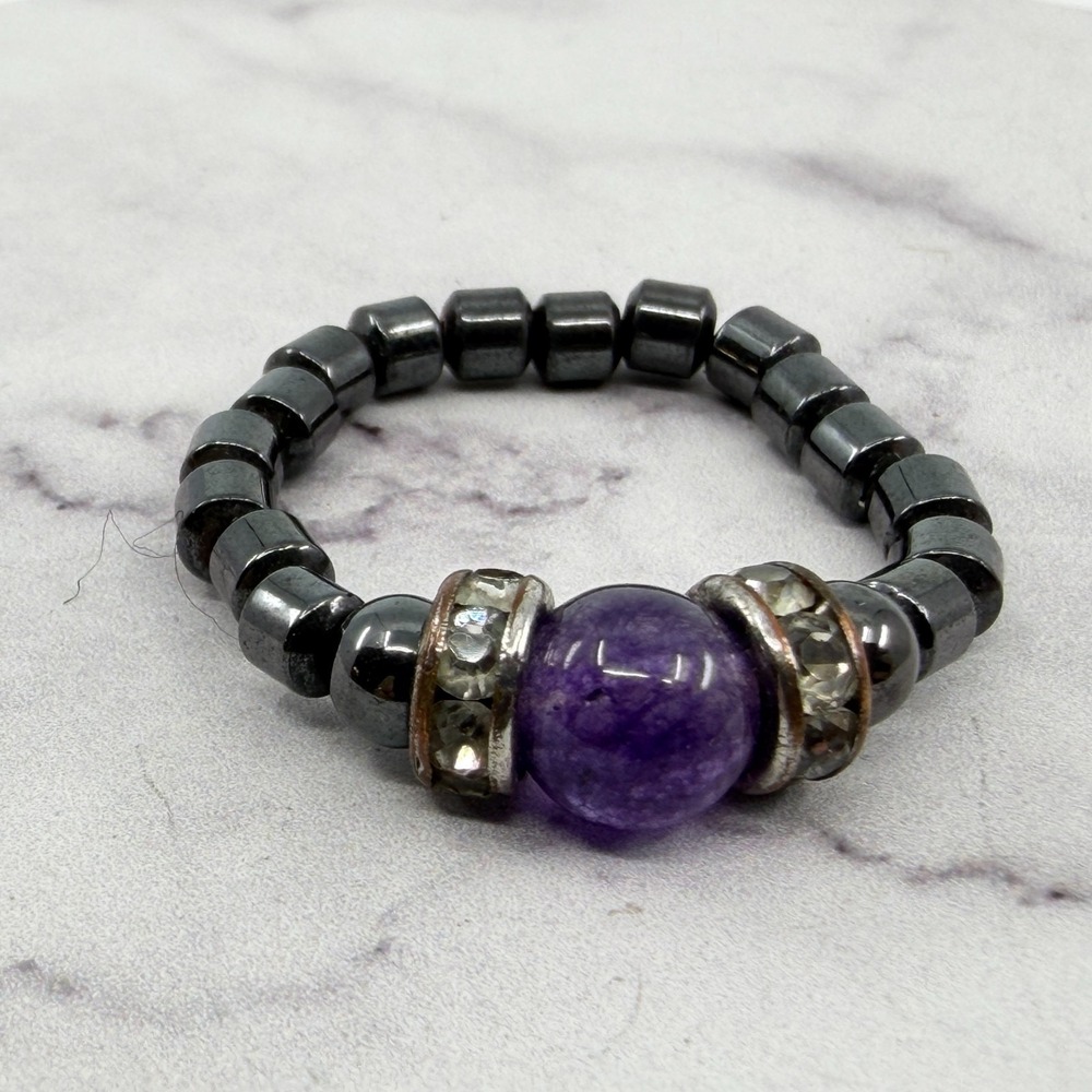 Amethyst Bead Ring Hematite Stretchy Band Boho Spiritual Healing Crystal Gift